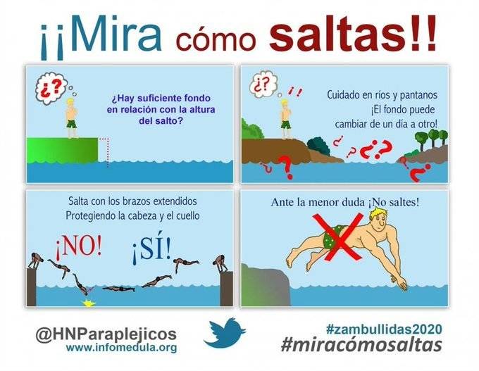 Humexe_eu's tweet photo. El @HNParaplejicos ha lanzado la campaña "¡Mira cómo saltas!" para apelar a la responsabilidad y recordar a los bañistas la importancia de la prudencia para prevenir una lesión medular como consecuencia de una zambullida.
💠 https://t.co/piF1YE4zFu
#Humexe #LesiónMedular https://t.co/iNjIuZu4jO