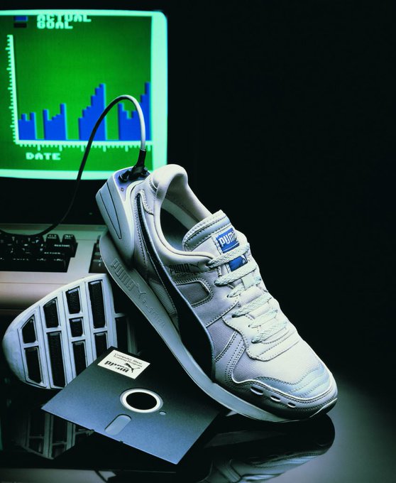 Rainmaker1973's tweet photo. This 1986 Puma shoe, R-Computer, had a microprocessor built into the heel to record your run and download the data on an Apple III or an IBM PC or a C64 https://t.co/s63pygFlDg https://t.co/go3vxvho8I