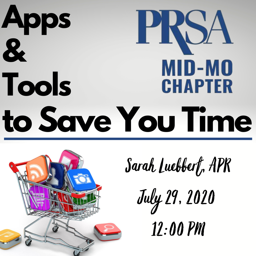 MidMissouriPRSA's tweet photo. Have you signed up for next week's virtual meeting?
Apps &amp; Tools to Save You Time; Sarah Luebbert, APR @ASarahMoment https://t.co/JfT47KQJUC [https://t.co/6hgpgDepz7] https://t.co/D4o8tKkHtR