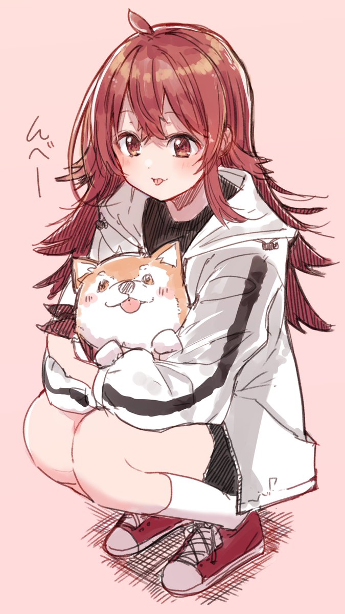 komiya kaho 1girl dog jacket red hair long hair squatting ahoge  illustration images