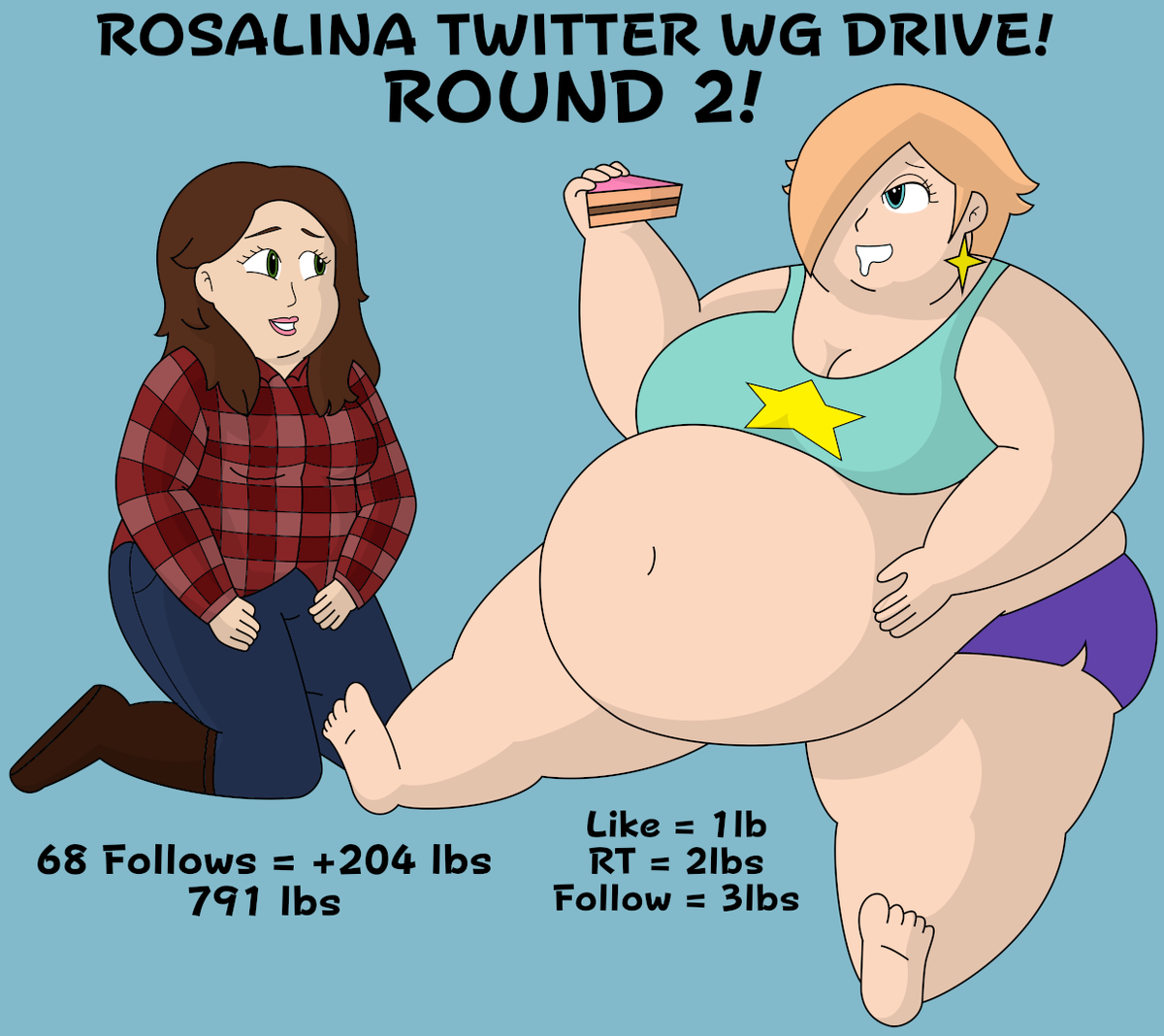 -ROSALINA WEIGHT GAIN DRIVE: ROUND 2!-
Rosalina undertook such a massive gain from last round that it took a whole sequence to show it! But why stop there? It's Round 2, baby!
This will be open for 24 hours like last time.