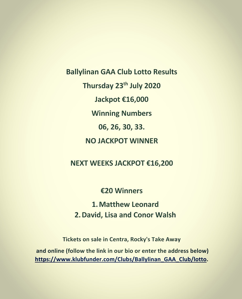 Next week's Jackpot €16,200. Follow the link below to play on-line. 
klubfunder.com/Clubs/Ballylin…