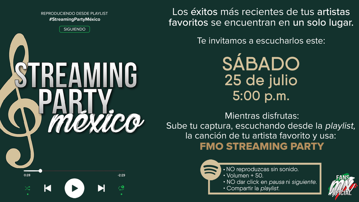 fansmxoficial's tweet photo. Los éxitos más recientes de tus artistas favoritos se encuentran en un solo lugar🎧.
El día de mañana 25/07 escúchalos con nosotros y muéstranos que canción es tu favorita mandando tu captura de pantalla. Etiquétanos y usa FMO STREAMING PARTY
¡Te esperamos! 🎉🤩💚 https://t.co/wqSZa2dDZS