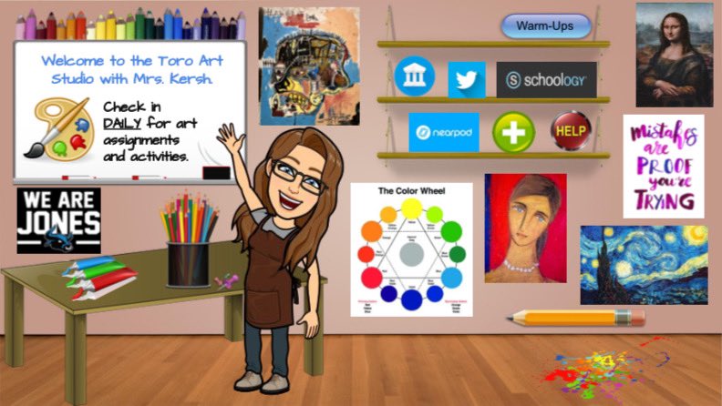 Thanks @misscguillory for your help, I’ve been working on my #virtualclassroom I’m confident my @JonesMS_AISD artists will enjoy what plans I’ve got for them using this @Bitmoji platform 😁
#WiP #VirtualLearning #bitmoji #Flipgrid #googleartsandculture #Schoology #nearpod