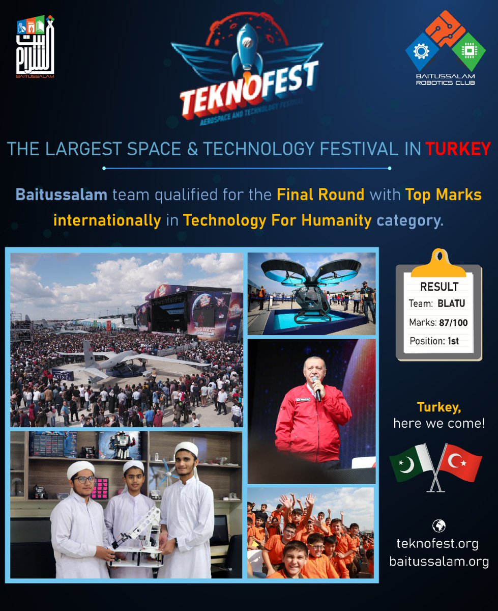 Baitussalam_T's tweet photo. #Alhamdulillah
We will be participating in @teknofest Insha'Allah. Top points in the Project Report round.

Thank you @tikaislamabad for the Technology Lab established in 2018. Continually helping our students on various platforms.

#PakTurkBrotherhood https://t.co/QAg8SZihOP
