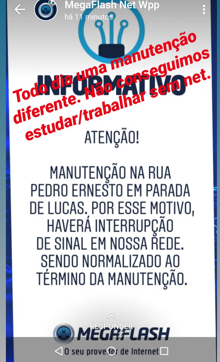 leticiasaant's tweet image. Eu não tô entendendo que tanta manutenção é essa q a MegaFlash tá fazendo em Parada de Lucas em plena pandemia, quando mais estamos precisando da Net pra trabalhar e estudar. Q inferno! Já mudaram de sistema, ficamos sem net, agr todo dia manutenção.

#MegaFlash #internet