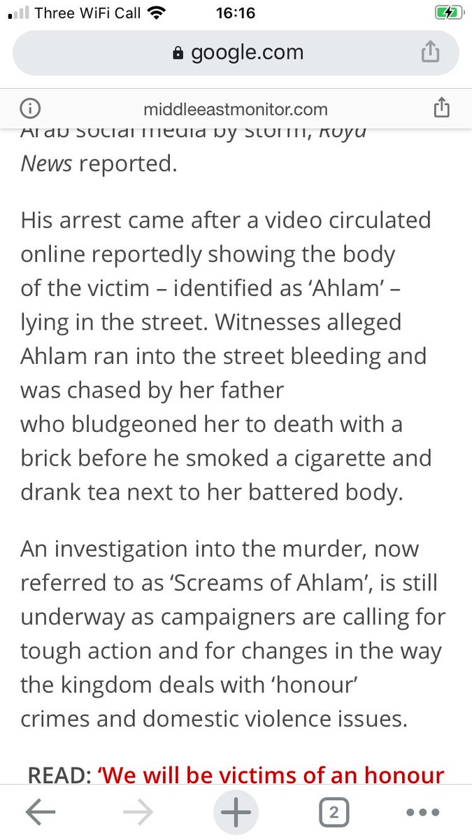 In Jordan, one of our more liberal Middle Eastern nations, a girl was publicly murdered by her father for an unknown slight.  https://www.google.com/amp/s/www.middleeastmonitor.com/20200720-jordanian-charged-with-murder-of-his-daughter-in-honour-killing/amp/