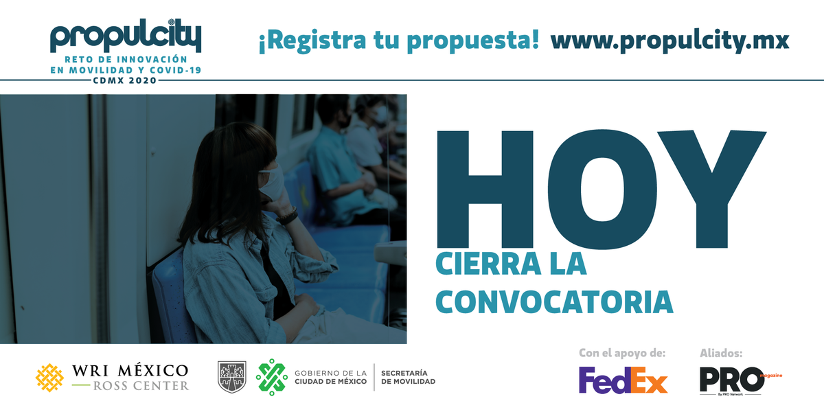 ¡HOY CERRAMOS LA CONVOCATORIA!

No te pierdas la oportunidad de ser parte del proceso de recuperación de la CDMX en materia de movilidad, y ganar hasta 100 mil pesos.

Conoce todos los detalles de la convocatoria y registra tu propuesta aquí: bit.ly/2YHw4Nx.