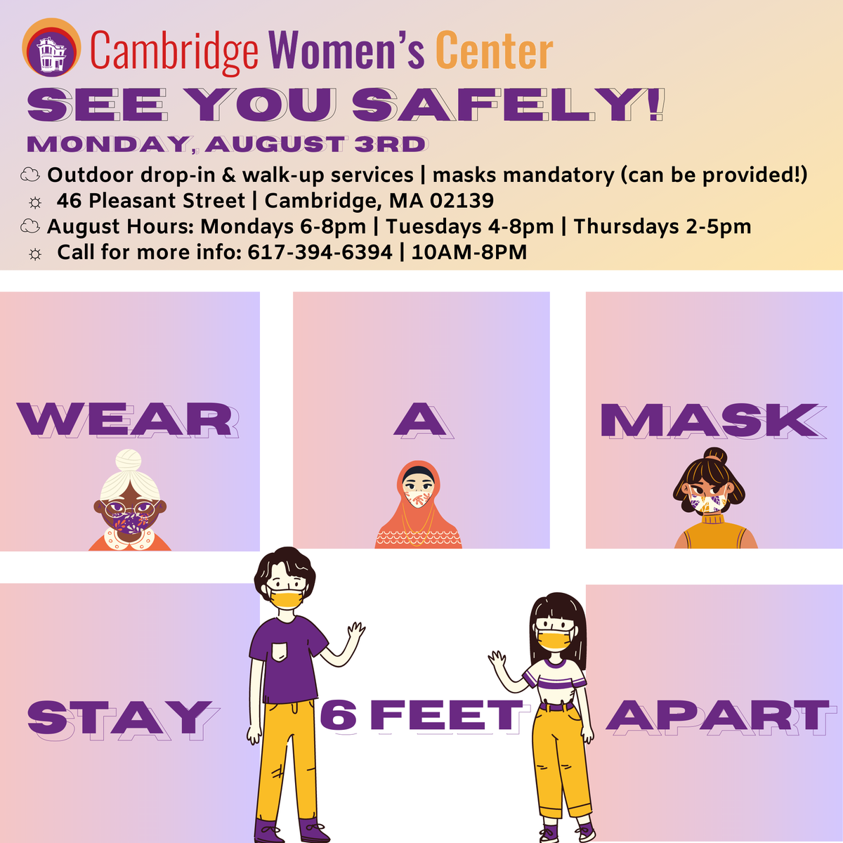 WomensCenter71's tweet photo. WE'RE RE-OPENING ON-SITE, OUTDOOR SERVICES ON AUGUST 3RD! Please repost and share widely! Walk-up and drop-in support will be available to all womxn Mondays 6-8pm, Tuesdays 4-8pm, Thursdays 2-5pm. 46 Pleasant St, Cambridge. Please wear a mask-we look forward to seeing you safely! https://t.co/POz9T0o6h5