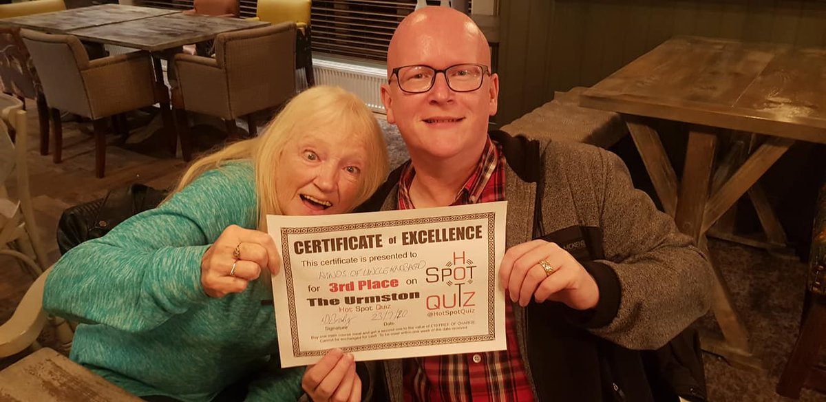 HotSpotQuiz's tweet photo. It was great to be back at @TheUrmston last night for the @SpeedQuizzing @HotSpotQuiz #SuperSIMulcast by @EE. Well done to @paulrholt @ShazHolt #CartersCrowd for 1st @DazzyG_96 + F & F aka #AnotherFineMess claiming 2nd & in 3rd Darren Kelly & Margaret aka #HandsOfUncleKnobhead https://t.co/6J4jm4r8XE
