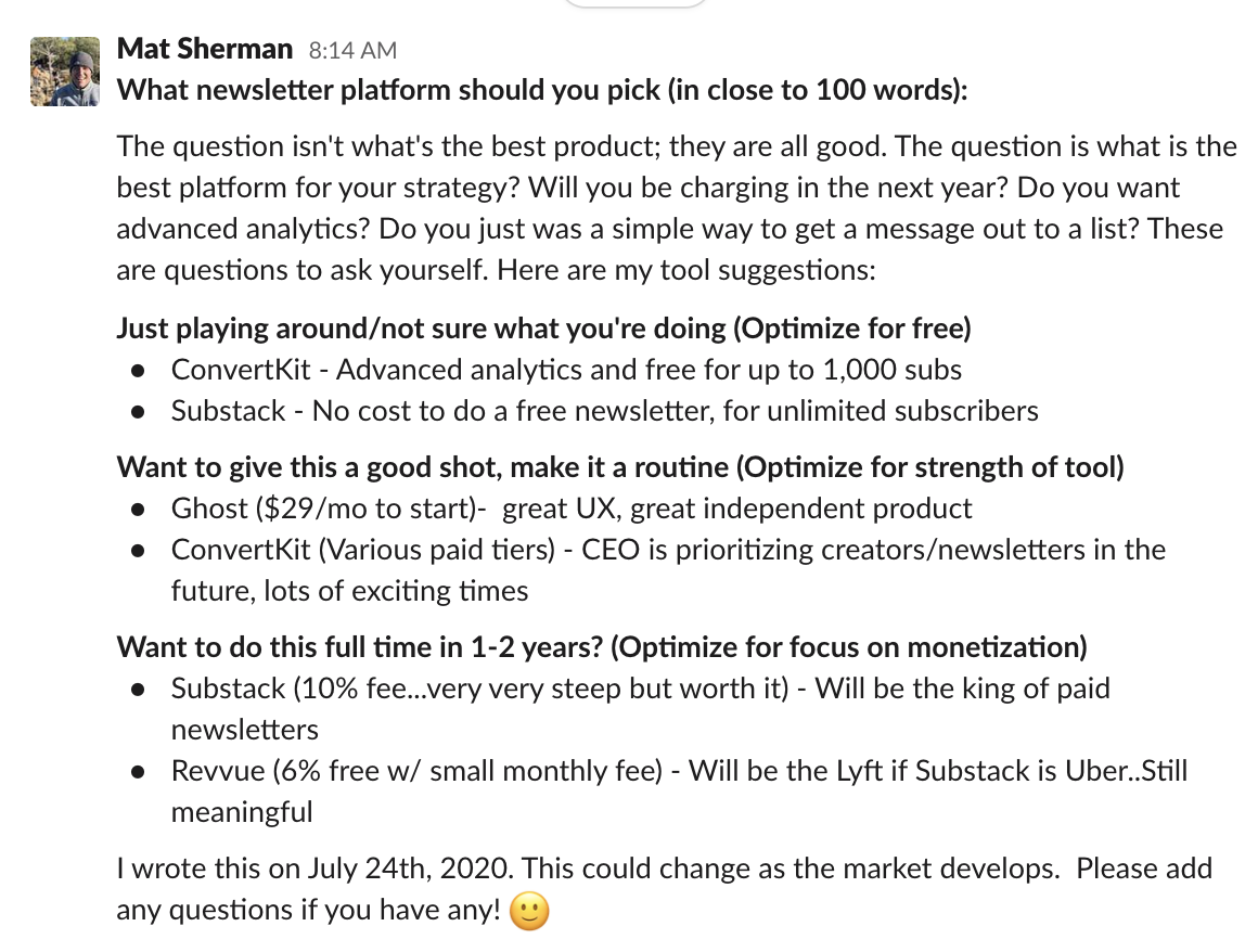 GigLoft's tweet photo. This is a screenshot from our active slack community where we share tips like this weekly. Today's tip is an answer to a question: What newsletter platform should you pick? https://t.co/CjJsWIhjy8