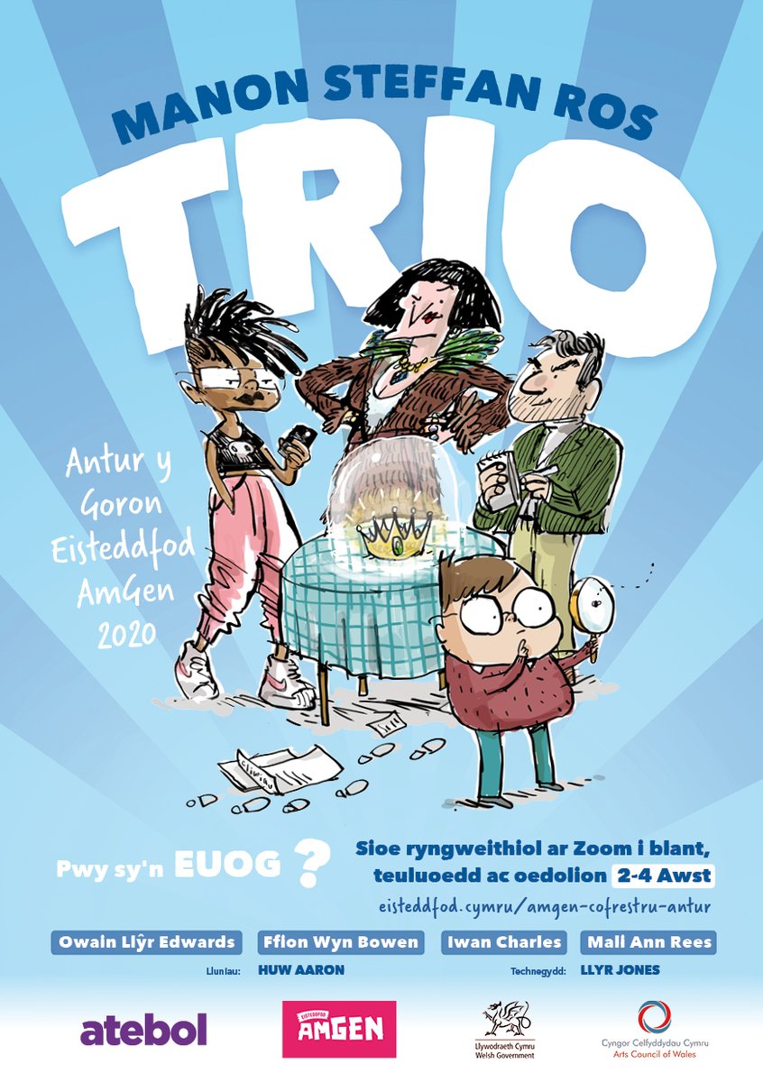 Atebol's tweet photo. 🌟 CYHOEDDIAD ARBENNIG 🌟

👑TRIO AC ANTUR Y GORON @eisteddfod🎪

🎭Sioe ryngweithiol Whodunnit ar Zoom 

🔎Mae Coron @eisteddfod ar goll: Pwy sy'n euog? Mae Trio angen eich help CHI i chwilio am gliwiau a holi'r 3 dan amheuaeth ...

🗓️AM DDIM | 2-4 Awst

Cofrestru yn agor 28/07 https://t.co/f7UVDc8D5c