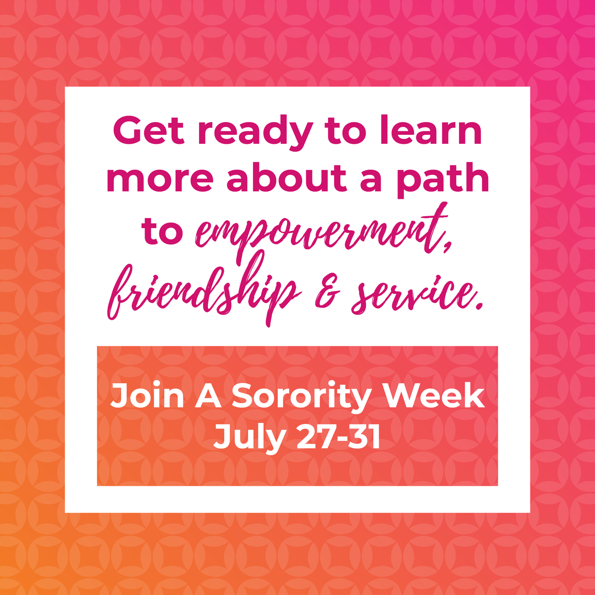 TheSororityLife's tweet photo. Want to learn more about joining a sorority? Follow us for Join A Sorority week to learn more about Panhellenic sisterhood and what the sorority life has to offer. Kicks off on Monday! https://t.co/1hDBpVgleN