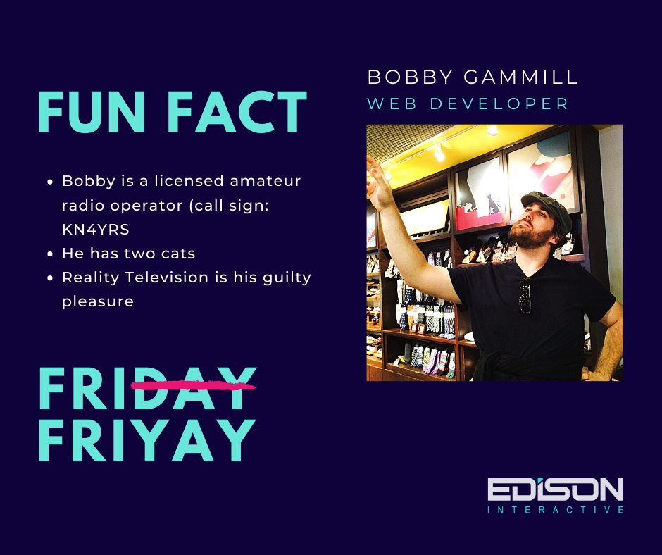 EdisonInteract1's tweet photo. Meet Bobby Gammill, an Edison web developer.  We're wondering what Reality TV he prefers to watch —"Born in the Wild"? 🤔  We hope not. Happy Friday!

#funfactfriday #tgif #teamwork #noIinteam #leaders #culture #companyculture #talent #careers #joinus #techteamrules https://t.co/jTrCrgkiuw