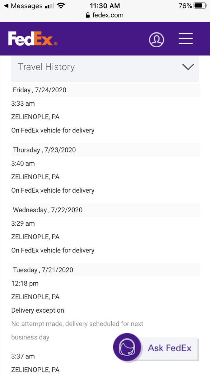 guerreroceramic's tweet photo. @FedEx @FedExHelp Every day this week, I get a delivery notification, but no package. WTF? #DoBetter https://t.co/3jMUfLHLIM