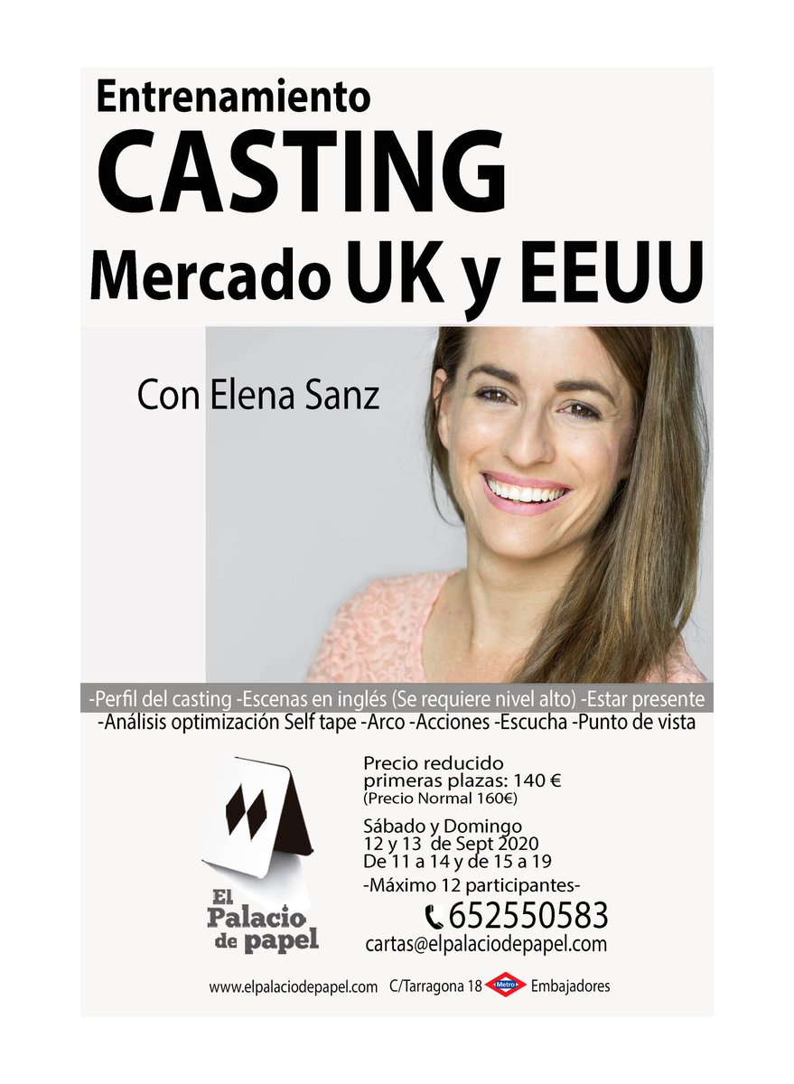PalacioPapel's tweet photo. Intensivo de casting mercado #EEUU y #UK con #ElenaSanz
..
#Madrid #casting #formaciónActoral #EntrenamientoDeActores #CursoDeCamara https://t.co/0YUF8RVF9Q