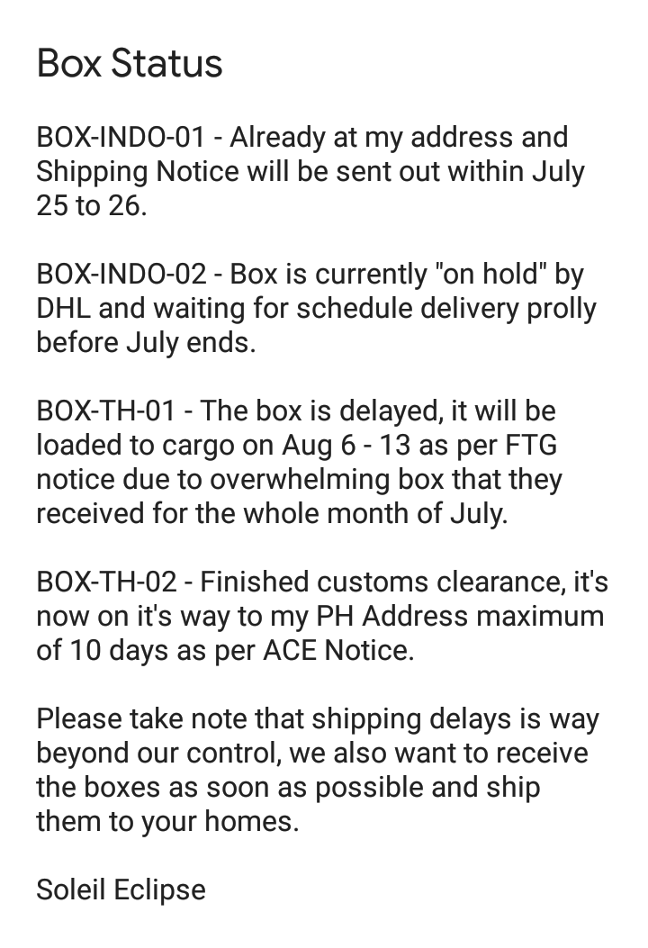 SoleilPH_'s tweet photo. #SEUpdates

Box Status as of July 24, please take note that shipping delays is way beyond our control. Thank you so much! https://t.co/iXu7xg1w89