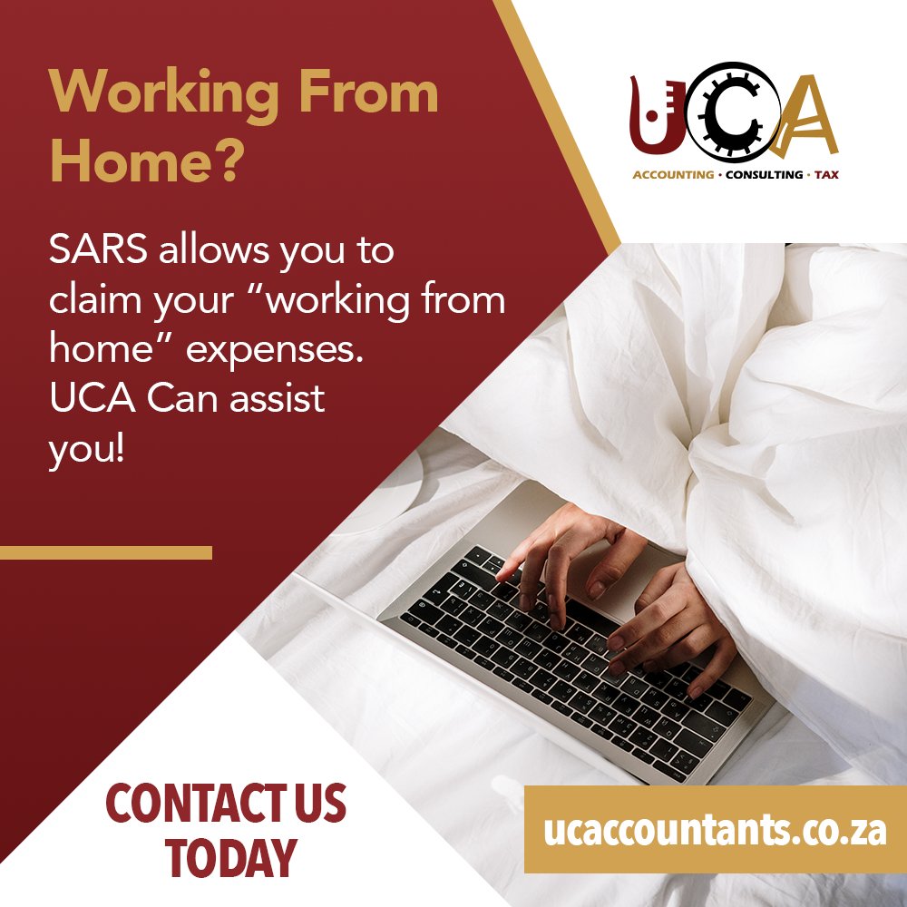 ucaccountants's tweet photo. If you're currently working from home SARS allows you to claim your “working from home” expenses. UCA Can assist you with this process. For more information visit:

 https://t.co/AneP2FsdrH

#COVID19 #COVID19SA #COVIDHelp #COVIDAssistance #WorkfromHome #WorkingFromHome https://t.co/wvtEpsif2z