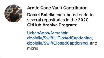 dbolella's tweet photo. Mind. Blown. Just learned that code I contributed to and even created was stored in the Github Arctic Code Vault. So cool (pun intended) and honored to be included! #swift #GithubArchiveProgram https://t.co/wqwWm5IzZO