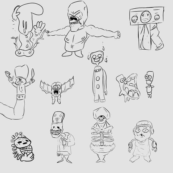 Sometimes I draw cursed shit and let my mind explore. I started with bottom left and moved right. Then left to right the whole way if ya wanna see my thought process. Started off more weird but gradually got... not as weird I think. Not sure. Favorite is the headless gingerbread 