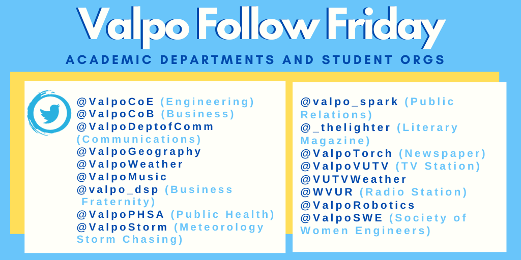 Dive into your academics areas this #ValpoFollowFriday through our academic departments and academic-related student organizations!

Note: Not all academic departments and organizations are represented, only those active on Twitter at the time this was created.
