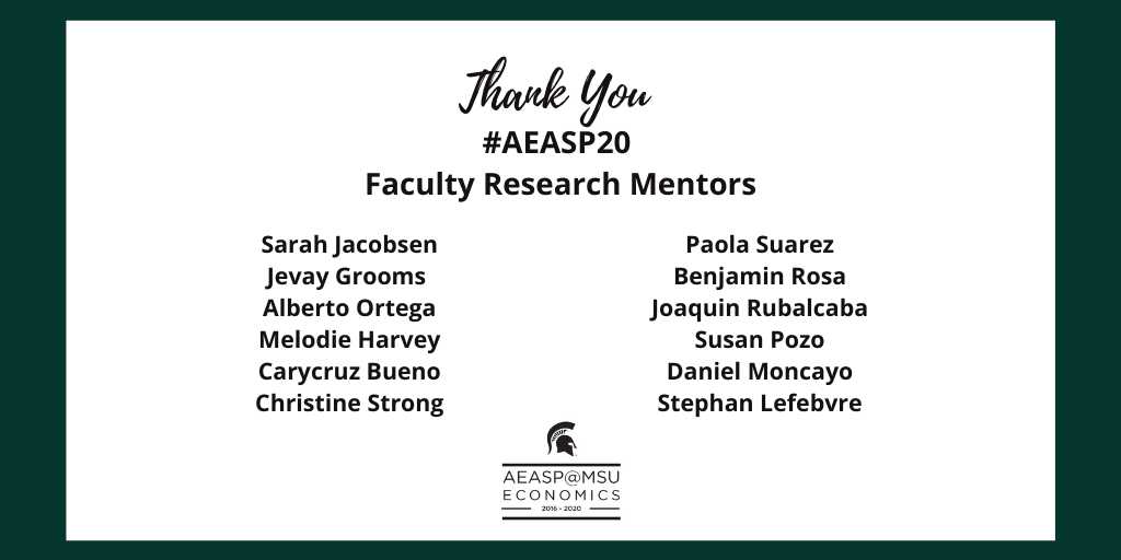 AEASPmsu's tweet photo. A big thank you for their participation in the AEA Summer Program Research Festival today. #AEASP20 #SummerOfEcon @michiganstateu @MSU_SocSci #FutureEconomists #Welooklikeeconomists @jevaygrooms @berto_econ @CarycruzBueno @C_O_Strong @LefebvreEcon https://t.co/r8asFeihB0