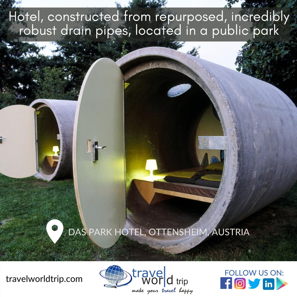 Three huge concrete drain pipes located in a public park in the Austrian city of Ottensheim are all that makes up the Das Park Hotel. 

The hotel was built by designer Andreas Strauss in 2004.

#travelworldtrip #travelagency #travelagent #traveltheworld #traveltips #travel