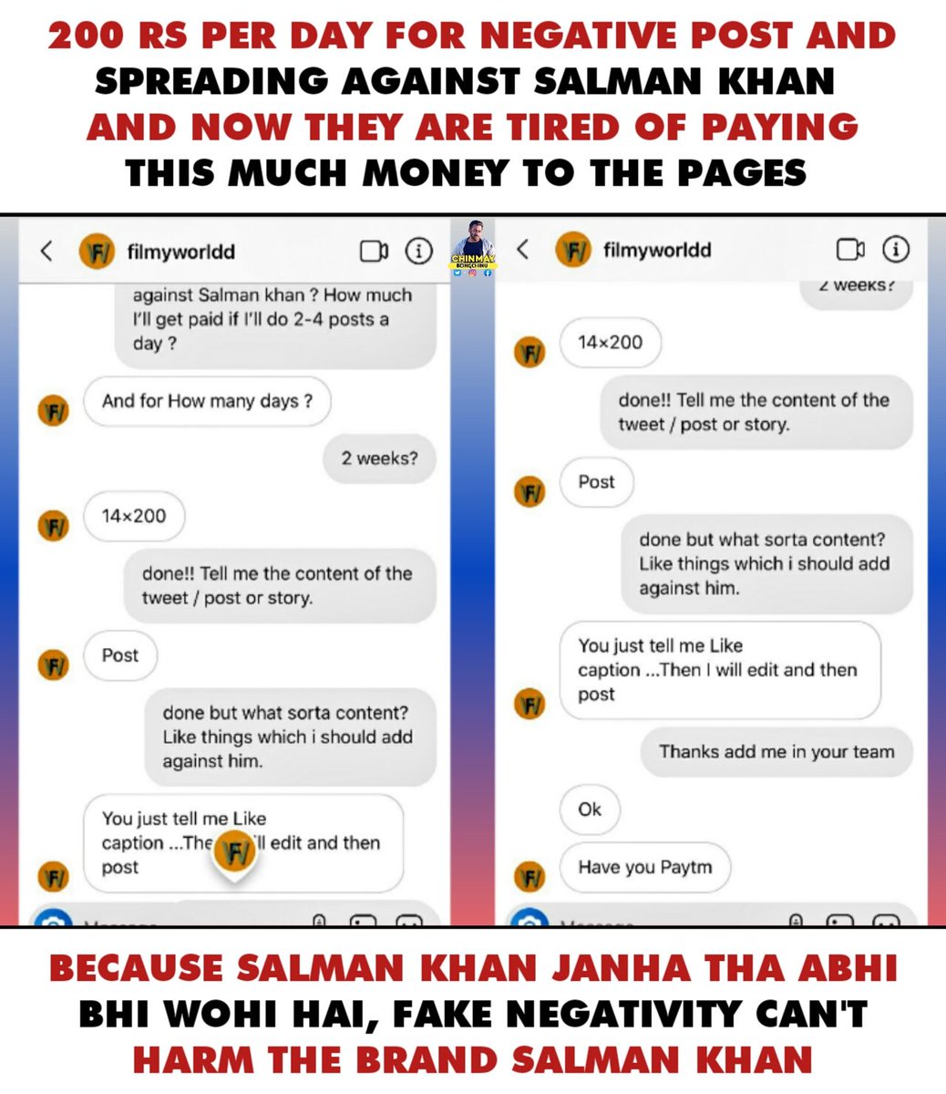 BeingChinu1's tweet photo. 200Rs Per Day for Spreading Fake News Against #SalmanKhan
&amp; Now They are Tired Of Paying This Much Money to the Pages

This Is How Salman Was Unnecessarily dragging In #SushantSinghRajpoot Case, Now whn Evrythng was Clr dat Salman Has nthng 2 do in SSR Case

Means While Haters 👇 https://t.co/xInSuXuwXw
