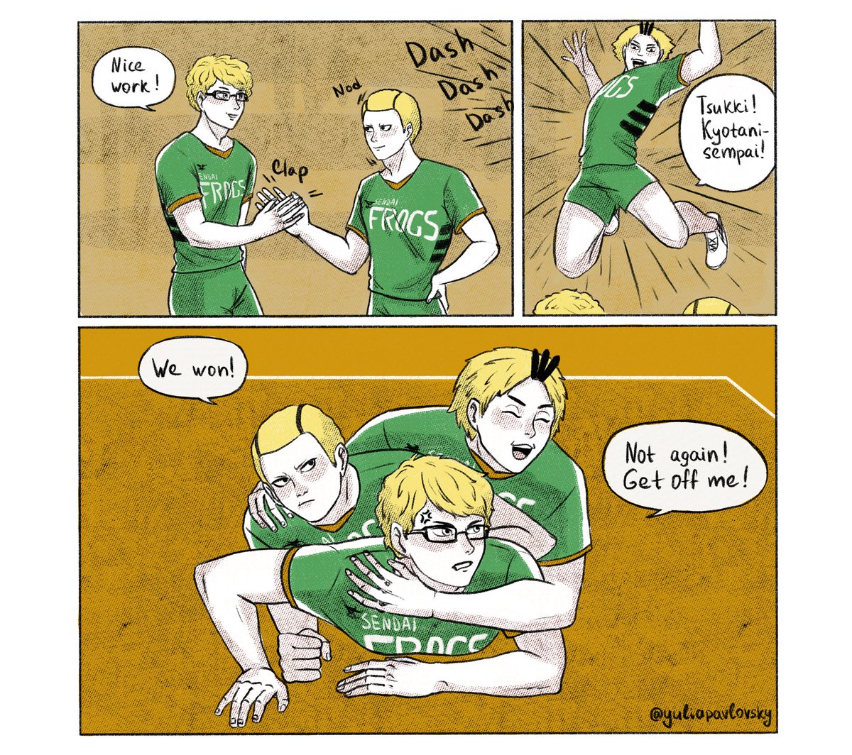 Sendai Frogs rule the court!!
???
#sendaifrogs #tsukishima #kyotani #koganegawa