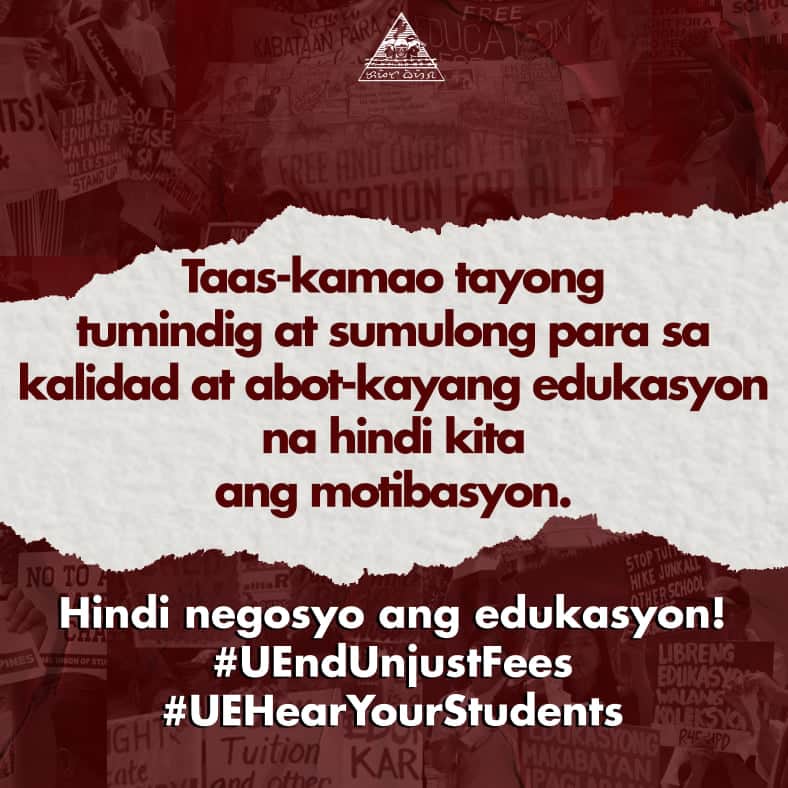 UE_KapitBisig's tweet photo. Taas-kamao tayong tumindig at lumaban para sa boses ng bawat Mandirigma—ang laban ng bawat mag-aaral para sa kalidad at abot-kayang edukasyon ay laban nating lahat.

#UEndUnjustFees
#UEHearYourStudents

BASAHIN:
https://t.co/PC9HI3dpJc https://t.co/gFnhVMpb9h