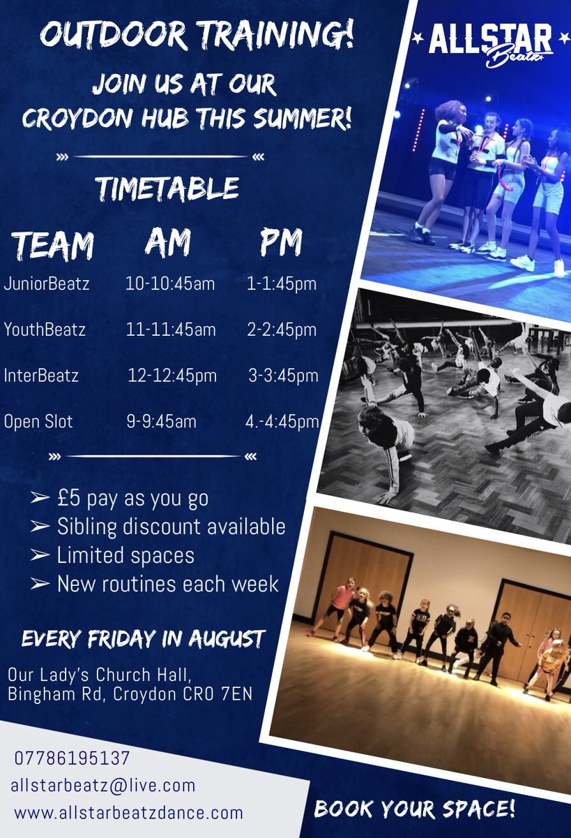 Allstar_Beatz's tweet photo. Join us this August at our #croydon hub as we deliver a full timetable of #outdoor #streetdance classes for all age groups 🌟 #SocialDistancing #covidsafe #limitedclasssizes 👣 #addiscombe #shirley #schoolholidays #teambeatz https://t.co/2dpp4QUlUo