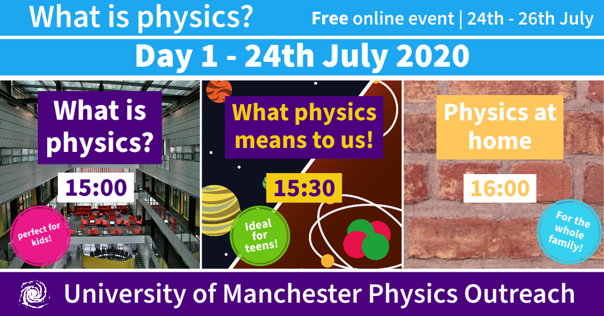 UoMPhysOutreach's tweet photo. Today's the day! Day 1 of our #whatisphysics free online event! Make sure to tune in over on Facebook or IGTV! 🎉🔭🚀 #physicsathome https://t.co/50fDRV2aey