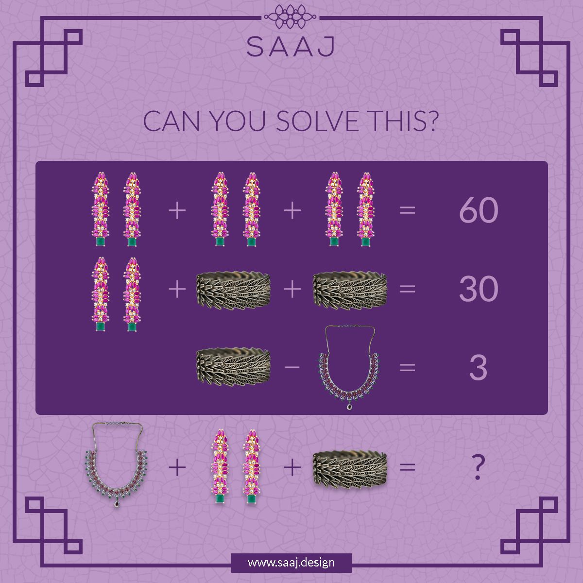 Saaj_Design's tweet photo. Are you good with digits? Tell us the answers in the comments below.
.
.
.
.
.
.
#Saaj #SaajDesign #MathPuzzle  #ImitationJewellery #ArtJewellery #Puzzle https://t.co/sN5xM2dQGJ