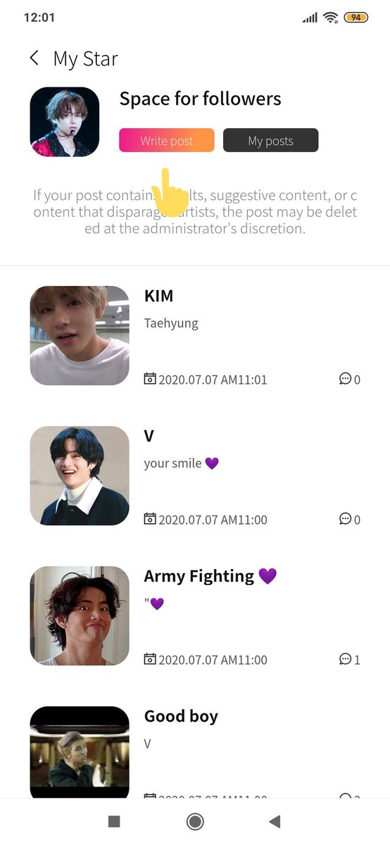 method 2:"write post"click on one of the boys pictures that will lead you to their page (see 2nd picture), click on write post and submit1 post = 20 SOBA tickets3 posts = 60 SOBA ticketsthere's a max of 3 posts a day #MTVHottest BTS  @BTS_twt