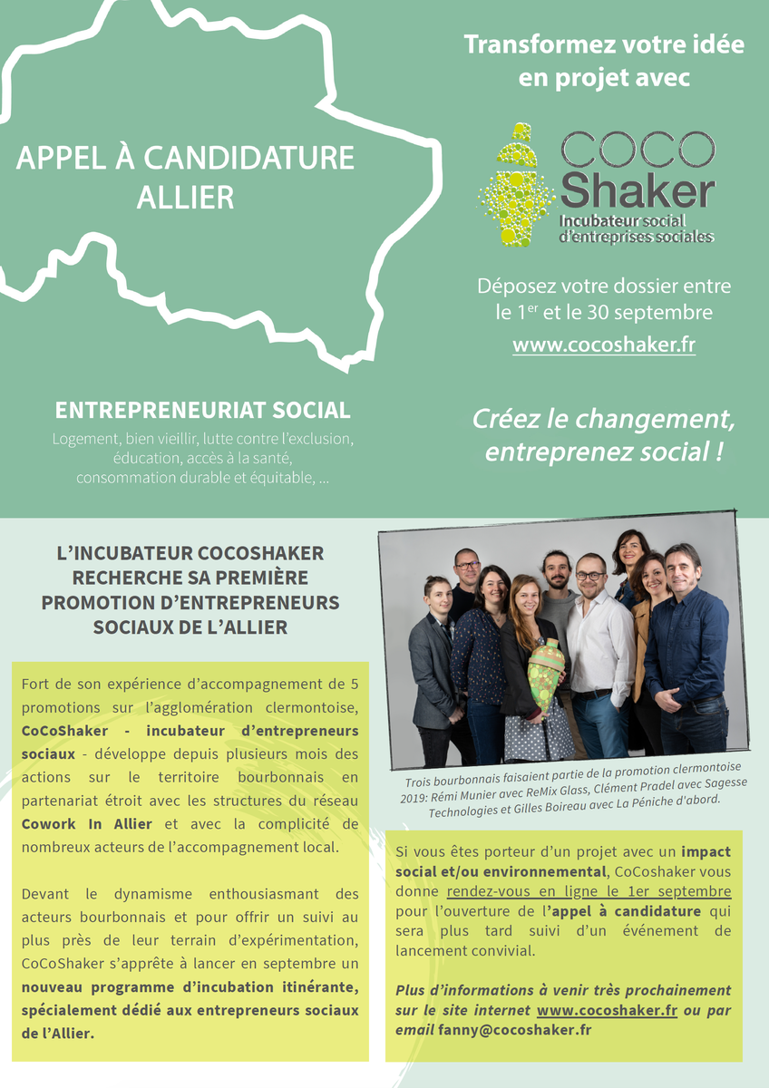 CAMoulins's tweet photo. Vous êtes porteur d’un projet avec un impact environnemental ??? ♻️

👉 L’incubateur cocoshaker recherche sa première promotion d’entrepreneurs sociaux de l’Allier ! Dépôt des dossiers entre le 1er et le 30 septembre sur https://t.co/Y5sBZVIXQF #agglomoulins #allier #cocoshaker https://t.co/rbwtUtdhGN
