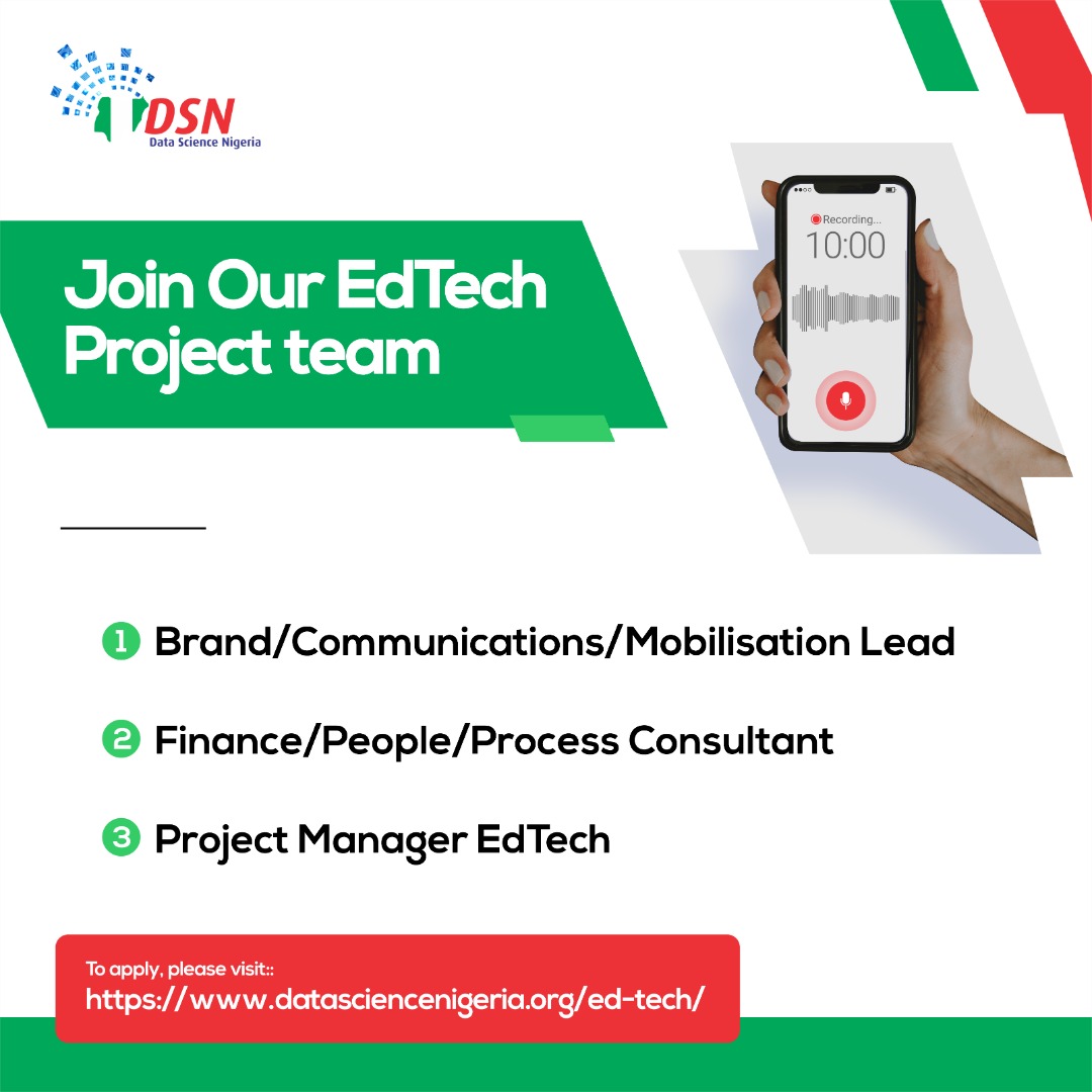 VACANCY
Data Science Nigeria EdTech project is seeking world-class professionals to lead a funded, social good, &amp; innovative m-learning platform aimed to support millions of students without internet access during this prolonged COVID19 period

Details:
datasciencenigeria.org/ed-tech/