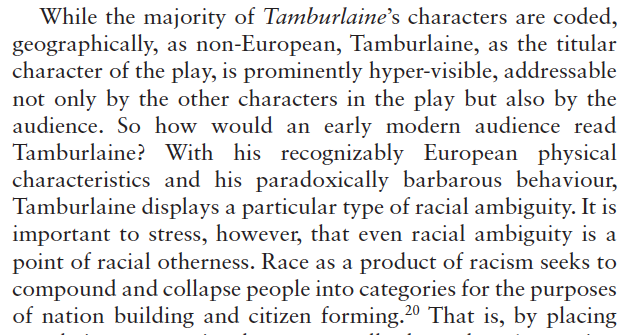 . @sydneeisanelf then shifts the conversation to racialization in the *Tamburlaine* plays, focusing on Tamburlaine's 'pale' complexion and material blackness. Her focus on race in Marlowe is timely and urgent, and I hope just the start (#ShakeRace #RaceB4Race folk, check it out!)