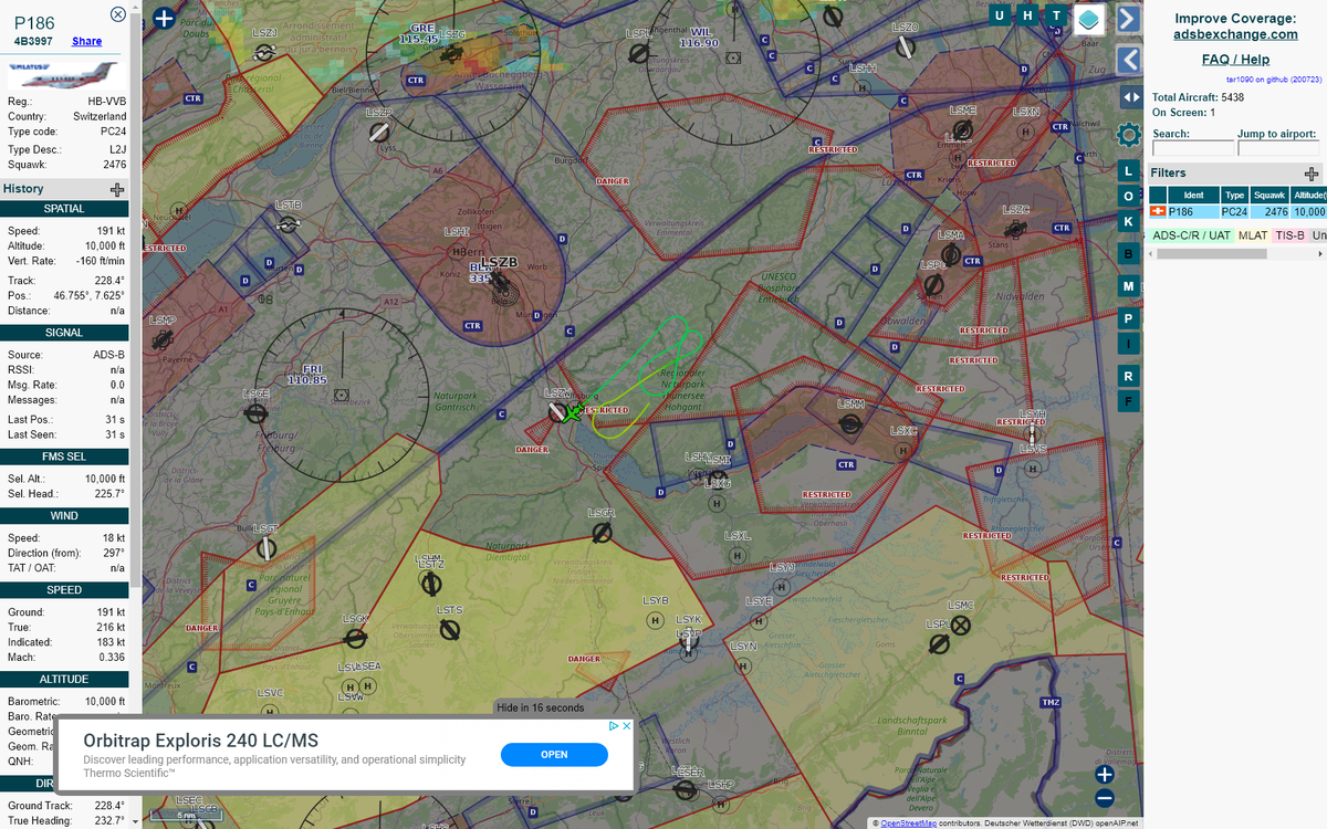 Radar_Assistant's tweet image. CIRCLING ALERT : At time Fri Jul 24 12:41:02 2020 #P186     was likely to be circling at FL115 11nm from BER Bern_NDB_CH
 near 89, Hauptstrasse, Sahlenweidli, Röthenbach im Emme #AvGeek #ADSB tar1090.adsbexchange.com/?icao=4b3997&amp;amp;z…