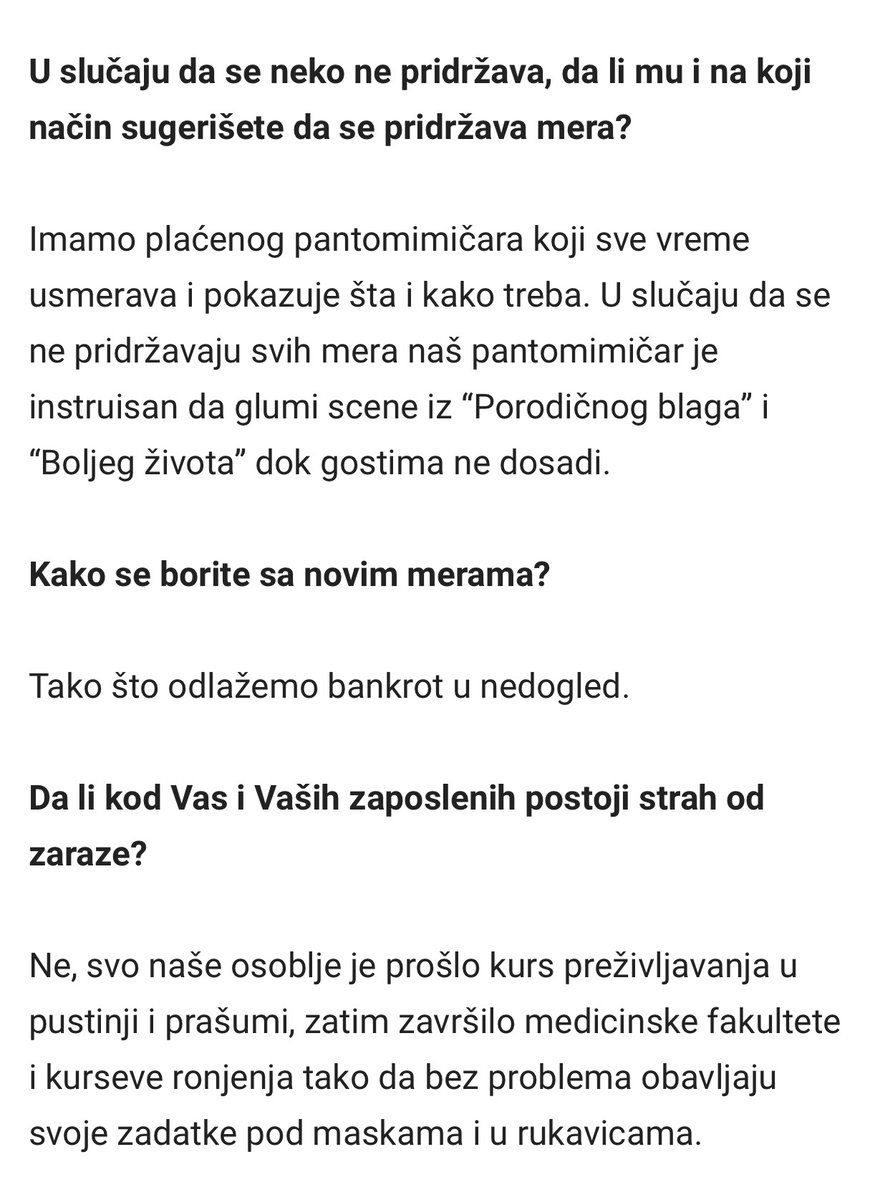 Vlasnik kafića iz naše opštine (nije platio reklamu jbg) odgovara na aktuelna pitanja, ja se valjam od smeha 😂😂😂