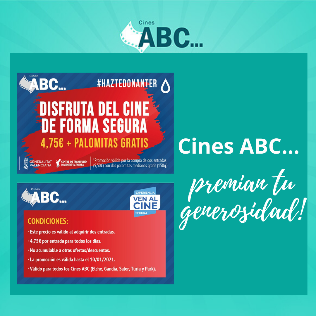 GVAdonasang's tweet photo. 📽🎞 @cinesabc ...vuelven a premiar la generosidad de los donantes de sangre con vales descuento*.
#HazteDonanter🩸
[Válidos para los @cinesabc :#Park,#Gandia, #ElSaler, #Elx  #GranTuria] https://t.co/ZnYZ9XY0us