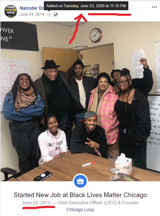 8/ Wouldn't you know it, Namster Do has been "CEO of BLM Chicago" for over 6 years.... but only posted this as their job on June 23, 2020 (!!!). Something is afoot! Also, go figure, Namster Do was also VERY ACTIVE in this Facebook thread- highlights forthcoming