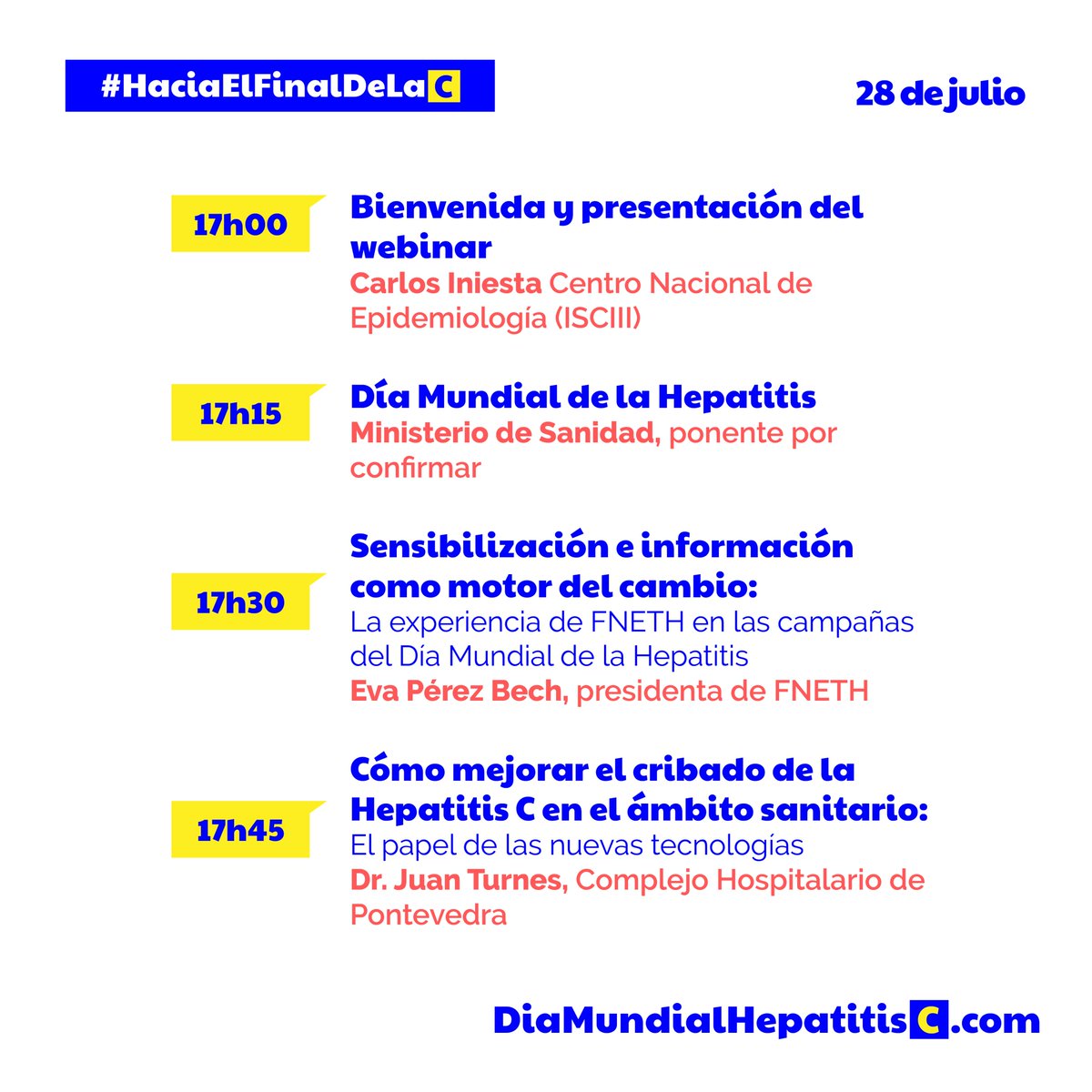fehigado's tweet photo. Un webminar de buenas prácticas en España para ese objetivo de la eliminación, que formará también
parte de nuestra campaña “HACIA EL FINAL DE LA C”, con la que vamos tejiendo espacios comunes para
acabar con esta hepatitis. #HaciaelFinaldelaC #StopVHC #DiaMundialHepatitis2020 https://t.co/vJbFLs127d