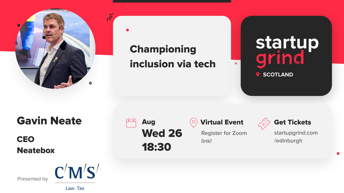 StartupGrindSCO's tweet photo. 💻NEW EVENT 🗣

To round off our summer, we’ll be joined by none other than award-winning and local favourite @gavinneate! We’ll be taking a deep-dive on equality, #techforgood and accessibility. Have you registered yet? This one will sell out!
https://t.co/kASufaukfJ
#SGVirtual https://t.co/H2jOi7nsY1