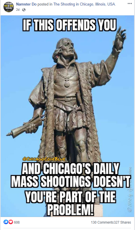 9/ So Namster Do, the FAKE "CEO of BLM Chicago" posted, for starters, this right-wing, pro Statue meme highlighting the faux hypocrisy of the moment.... totally appropriate for a CRISIS THREAD, right?? /s  This post got IMMEDIATELY pumped to the top of the thread with 600 likes