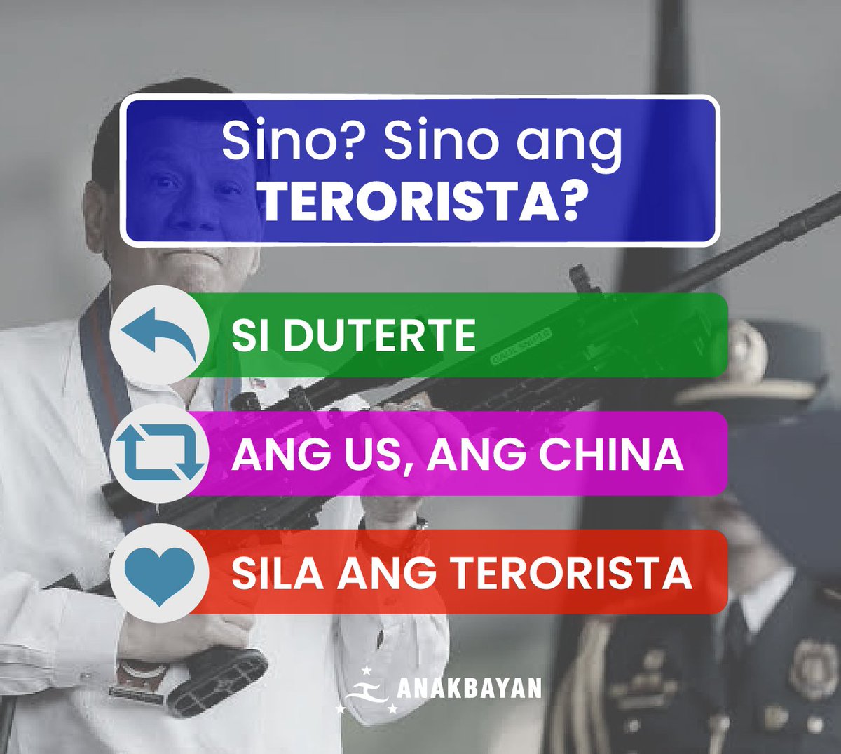 anakbayan_ph's tweet photo. Palagi na lang pinagdidiskitahan ni Duterte ang mga aktibista at binabansagan pa ang mga ito na terorista. Hiyang-hiya naman ang taumbayan sa dami ng dinukot at pinaslang sa ilalim ng termino mo, Duterte.

Sa lagay na 'yan, sino nga ba ang terorista? 😡 https://t.co/tmxRYs9rqd