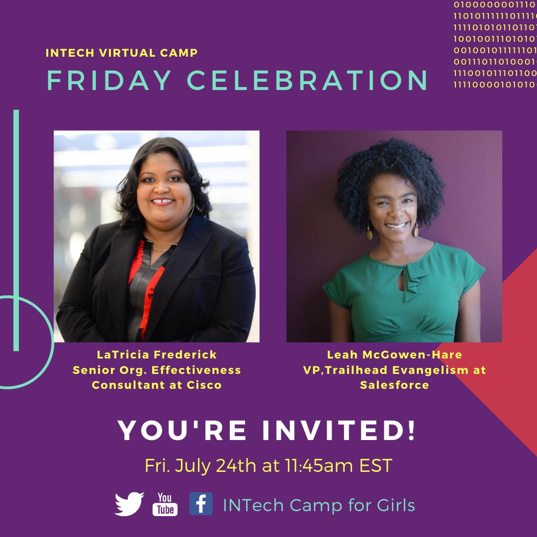 INTechCamp's tweet image. It’s a celebration 🎉🎉 

Join us TODAY at 11:45am EST as we celebrate the work our scholars have put in to building their apps and websites! 

We will also hear from @ltfrederick of @Cisco and @LeahBMH of @salesforce!!

@djhourglass will provide the vibes. 

Don’t miss it 💃🏽
