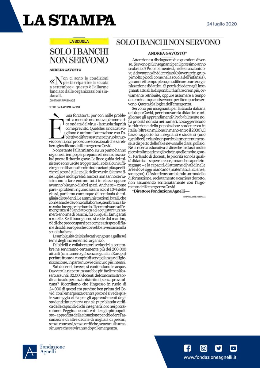 FondAgnelli's tweet photo. Scuola: per ripartire a settembre servono più docenti e ATA. Non così per il futuro: nella scuola del dopo Covid qualità e carriera dei docenti conteranno più del loro numero. @AGavosto su @LaStampa https://t.co/sA8M87gtYG
