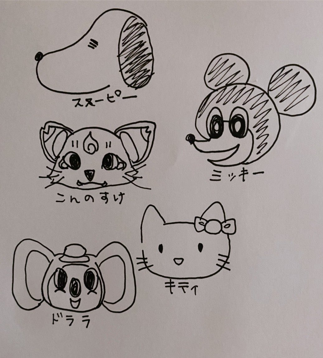 正解見ずに描けるかなゲームその2!
お題は「こんのすけ、ドアラ、ハローキティ、ミッキーマウス」で、参加者は一枚目から恋どろさん(@koidroid )、桐島さん(@noir6095 )、紅茶人形さん(@teadool )、ランさん(@rann_nnar )とテンです。可愛さとなんとも言えない何かがたしかに同居している…… 