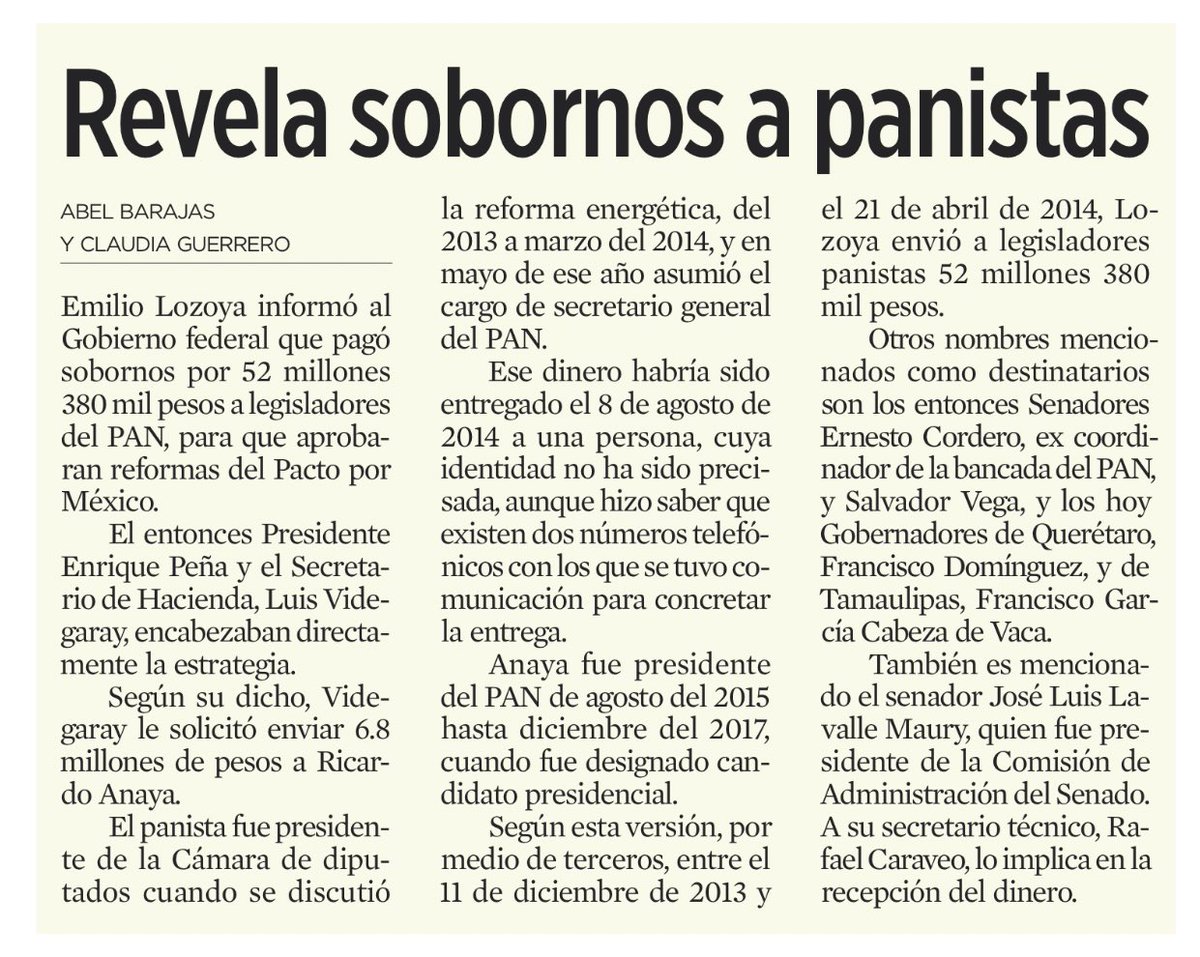 jrisco's tweet photo. Emilio Lozoya revela soborno a PANISTAS. 

Estrategas del soborno: Peña y Videgaray

Beneficiarios:

Ricardo Anaya - 6.8 mdp
Ernesto Cordero
Salvador Vega
Francisco Domínguez
Garcia Cabeza de Vaca
José Luis Lavalle
Rafael Caraveo https://t.co/s92WFRpWGb