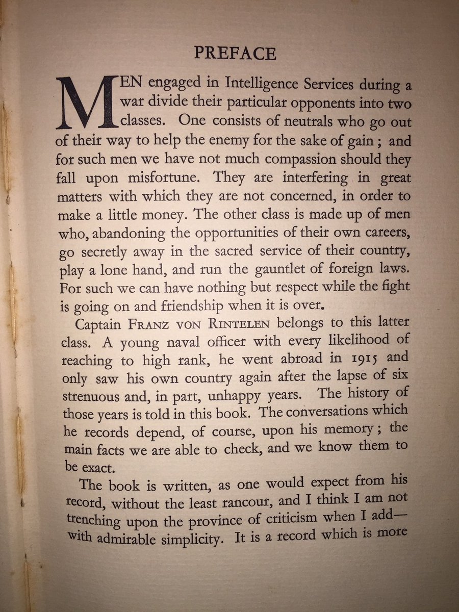 Remarkable: WW1 memoir by Imperial German naval intelligence officer, Capt Franz von Rintelen, inc letter from Admiral "Blinker" Hall, head of the Royal Navy's Room 40 & an admiring introduction by Major Mason, author of "The Four Feathers" & von Rintelen's wartime adversary. BZ!